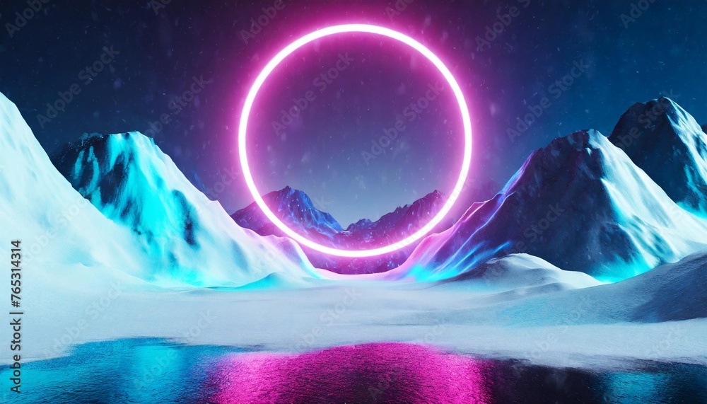 abstract background with blue and pink neon light circle reflecting on snowy mountains 3d rendering