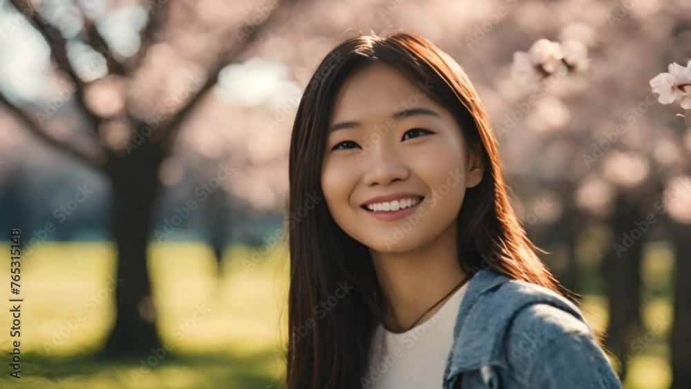 A beautiful young woman under the sakura tree, sunny day A beautiful young woman under the sakura tree, sunny day