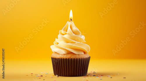 A front view yellow cake with burning candle, sweet sugar biscuit color. photo