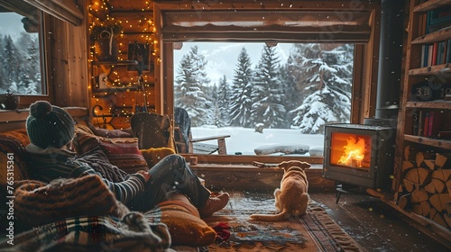 Winter Companions: Man and Dog by the Fireplace in a Log Cabin Watching Snowfall