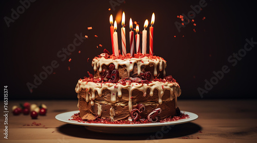 Delicious tiramisu birthday cake with burning candle birthday.