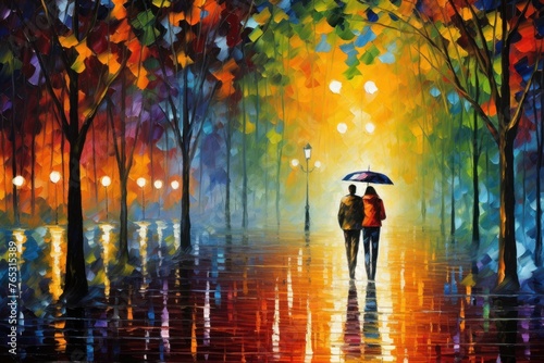 Autumn urban landscape. A couple walks in the park in the rain. A bright colorful illustration in the style of oil painting.