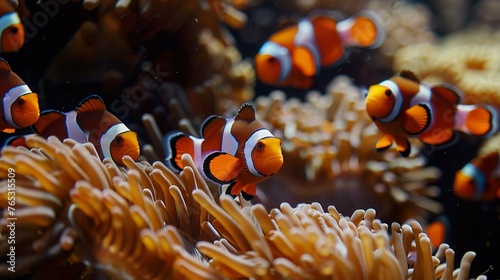 A school of clown fish in the coral