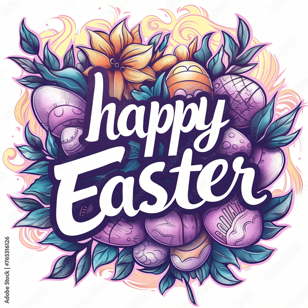 Happy Easter greeting card. Festive design with typography, flowers and painted eggs. Spring holiday template. Modern style for banner, invitation, poster, flyer 