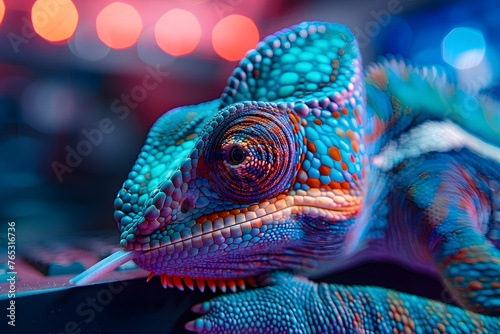In a mesmerizing display, a vibrant chameleon is captured in close-up against a background of neon light bokeh, showcasing the intricate patterns of its skin.