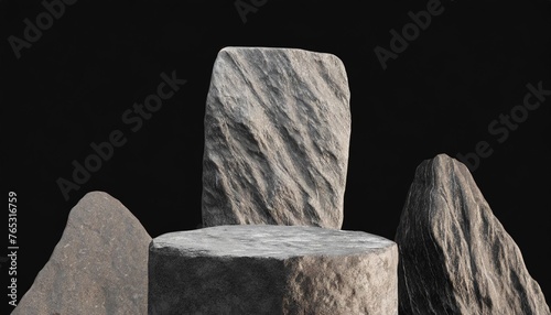 stone rock podium or pedestal for product showcase stand product mockup vertical frame dark black background product stage 3d render illustration