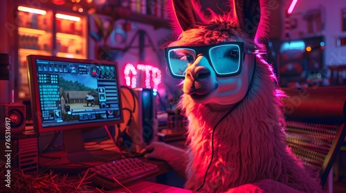 A gamer llama with stylish blue glasses is fully engaged in an intense gaming session in a room illuminated by vibrant neon lights.