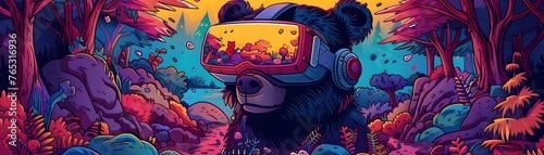 An illustration of a bear immersed in a virtual reality experience, with a vivid and colorful enchanted forest landscape in the background.
