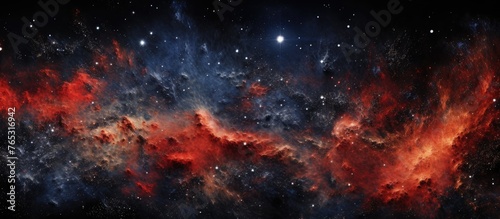 An astronomical object resembling a galaxy is depicted in a painting against a night sky filled with clouds and scattered cumulus, creating a surreal landscape