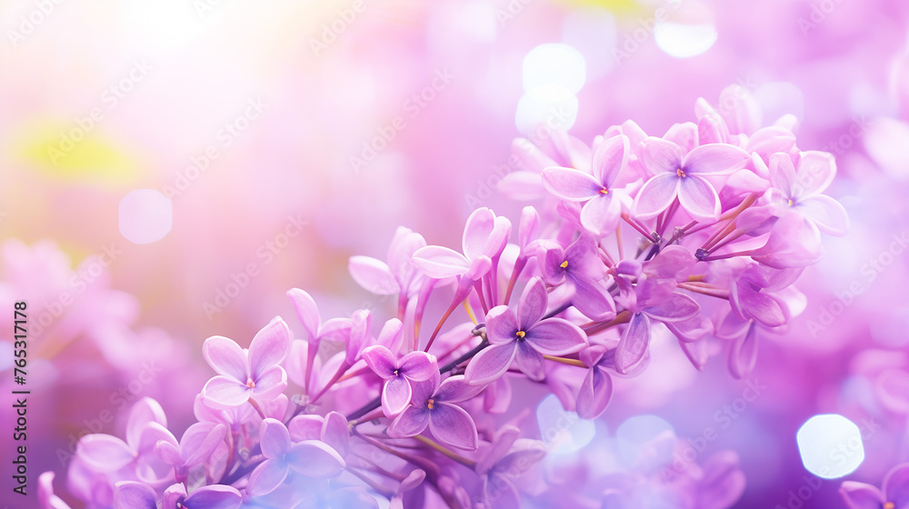 Lilac flowers spring blossom sunny day light bokeh background.