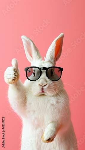 Cool easter bunny rabbit wearing sunglasses giving thumbs up on pastel background © Ilja