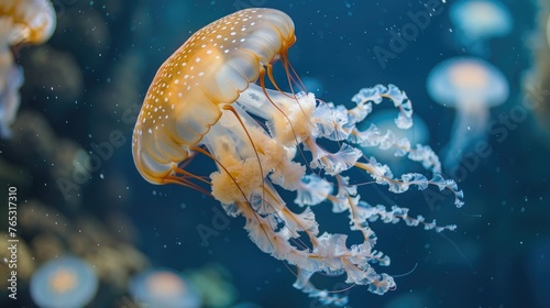 A jellyfish swimming in the ocean with its head turned to the side