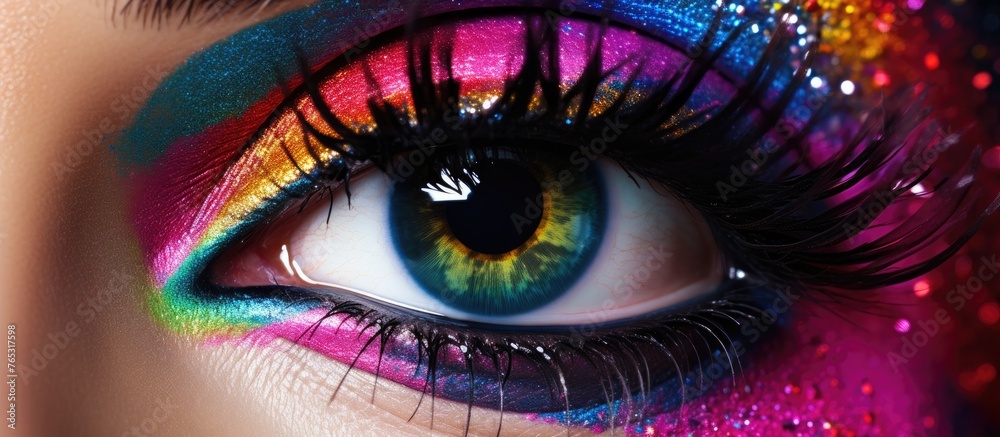 A close-up photograph focusing on a female's eye adorned with colorful eye makeup