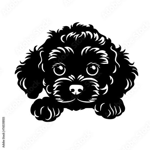 Black and white vector illustration of a cute puppy with curly fur, depicting an adorable and playful character.