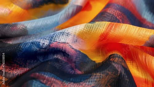 A fabric swatch exhibits the effects of digital dye sublimation techniques. The colors on the fabric appear bold and vivid with a slightly blurred effect giving the design photo