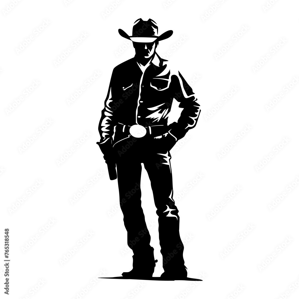 Black and white silhouette illustration of a cowboy wearing a hat and boots, standing with hands on hips. Black and white silhouette illustration of a cowboy wearing a hat and boots, standing with hands on hips.
