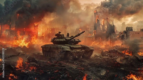 Tanks in a destroyed and burning city