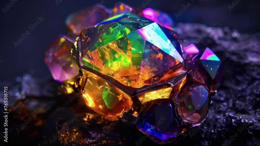 A macro shot of a piece of jewelry with UVreactive gems each one radiating a vibrant and ethereal glow under the UV light.