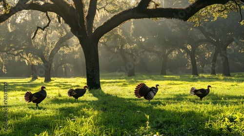 In the early morning, a group of big Tom turkeys can be seen in a lush green field with oak trees in photo