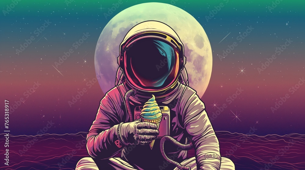 Obraz premium Illustration of astronaut with ice cream comic style.