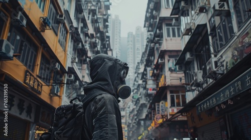 In a cyberpunk cityscape bathed in blue and neon, masked figures huddle together, their only protection from the thick PM 2.5 haze advanced filtration masks.