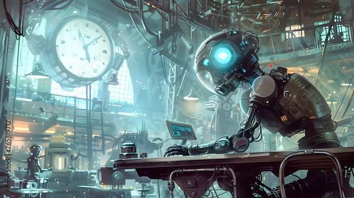Robot in Time-Warp City Setting in Steampunk Style