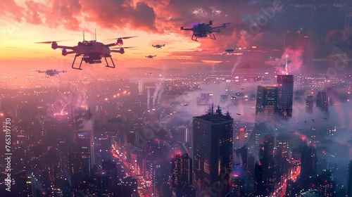 Drones on patrol, scanning the skies for PM 2.5 menace above a bustling cityscape.