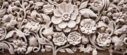 A detailed view of a carving showing intricate depictions of flowers and leaves
