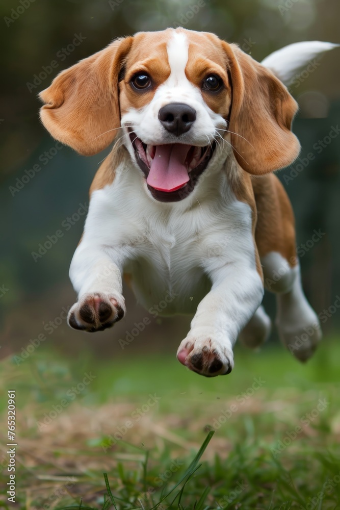 Playful beagle dog joyfully running and exploring in a vibrant green grass field Playful beagle dog joyfully running and exploring in a vibrant green grass field