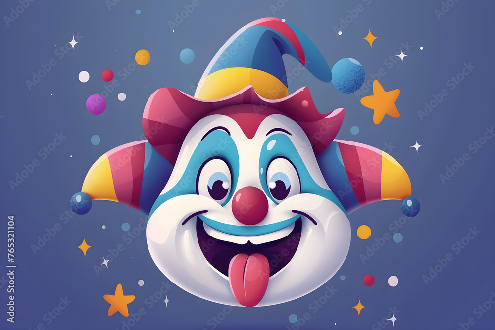 Naklejka premium Flat illustration of a happy clown with a jester hat and tongue sticking out, perfect for April Fool's Day promotions or holiday-themed designs.