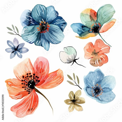 set of flowers hand drawn with watercolors