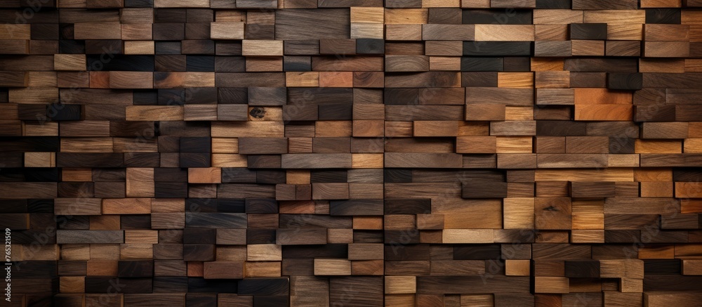 A closeup of a wooden wall constructed with rectangular wooden squares, showcasing the natural brown tones and texture of hardwood building material A closeup of a wooden wall constructed with rectangular wooden squares, showcasing the natural brown tones and texture of hardwood building material