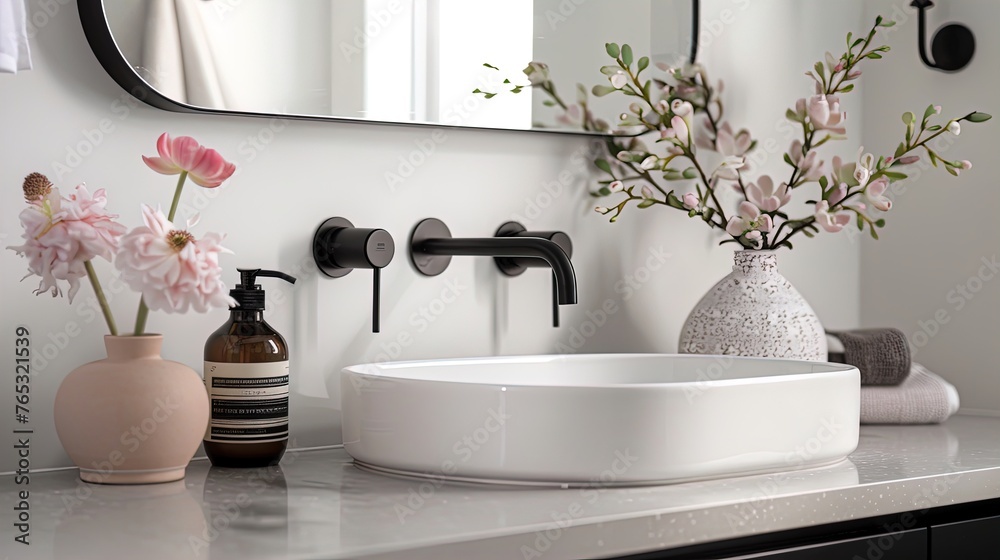 Chic serenity in blush and black: a minimalist bathroom with a designer vase and sleek fixtures. Chic serenity in blush and black: a minimalist bathroom with a designer vase and sleek fixtures.