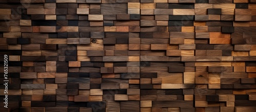 A closeup of a wooden wall constructed with rectangular wooden squares  showcasing the natural brown tones and texture of hardwood building material