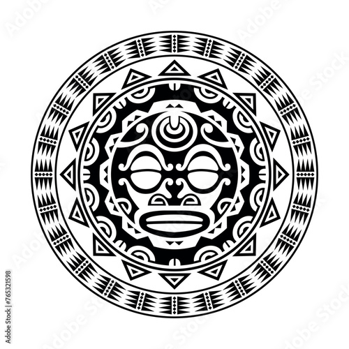 Round tattoo ornament with sun face maori style. African, aztecs or mayan ethnic mask. Black and white.