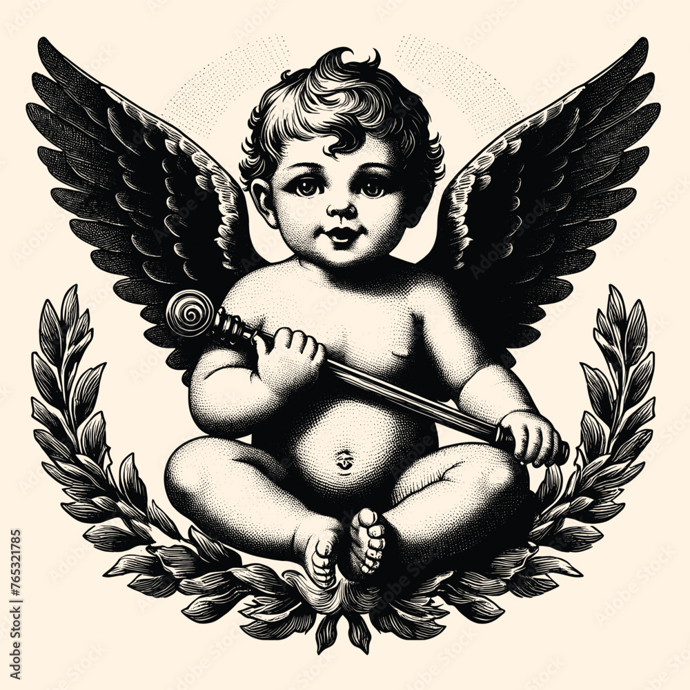 baby with wings old engraving vector style, baby vector illustration ...