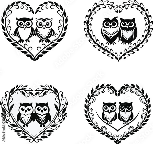 Pair of owl inside a heart shape frame
