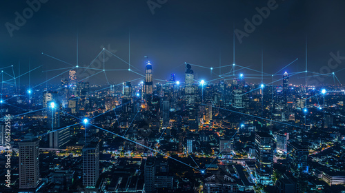 Panorama aerial view in the cityscape skyline with smart services and icons, internet of things, networks and augmented reality concept , night scene .