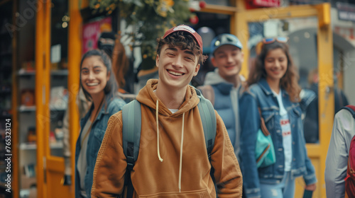 Cheerful Teenage Boy with Friends in the City