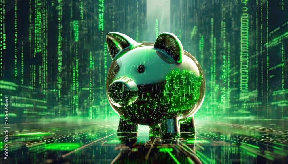 The illustration of a piggy bank and the representation of the use of Artificial Intelligence to make money or profits in business with digital means. Cyber, digital, virtual background.
 - obrazy, fototapety, plakaty 