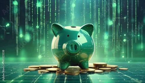 The illustration of a piggy bank and the representation of the use of Artificial Intelligence to make money or profits in business with digital means. Cyber, digital, virtual background.
