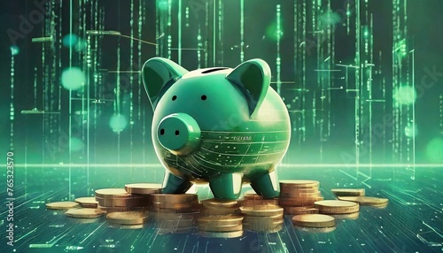 The illustration of a piggy bank and the representation of the use of Artificial Intelligence to make money or profits in business with digital means. Cyber, digital, virtual background.
