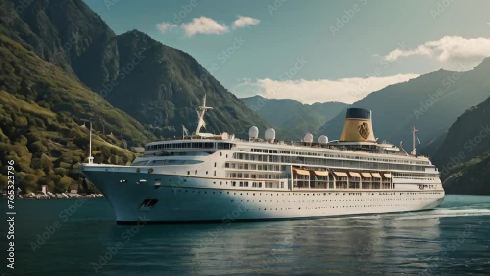 Cruise ships sail in calm waters with a backdrop of majestic mountains Cruise ships sail in calm waters with a backdrop of majestic mountains