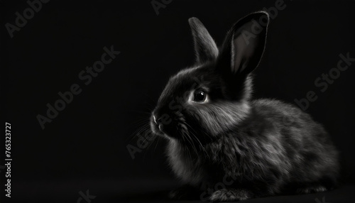Cute black fluffy rabbit. Key lighting on a black background. Photorealistic low key illustration. Generative AI