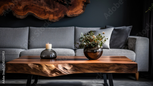 Live edge wooden accent coffee table near sofa close up. Interior design of modern living room. Generative AI