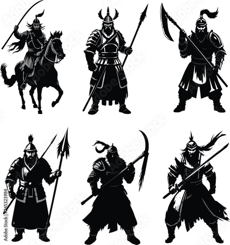 Set of mongol warrior silhouette