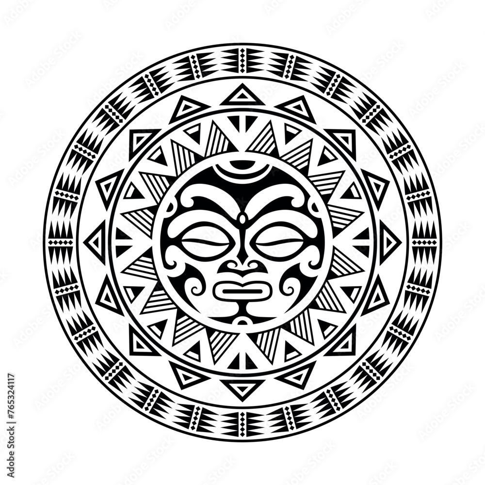 Round tattoo ornament with sun face maori style. African, aztecs or mayan ethnic mask. Black and white. Round tattoo ornament with sun face maori style. African, aztecs or mayan ethnic mask. Black and white.