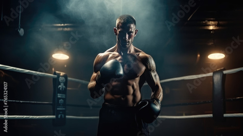 Sportsman muay thai boxer fighting in boxing cage, isolated on dark black background with light and smoke. Prepare to match. Copy Space. Sport concept. © ribelco