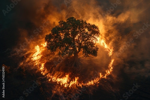 A solitary oak tree stands in stark contrast to the engulfing circle of intense wildfire flames, highlighting the severity of forest fires.
