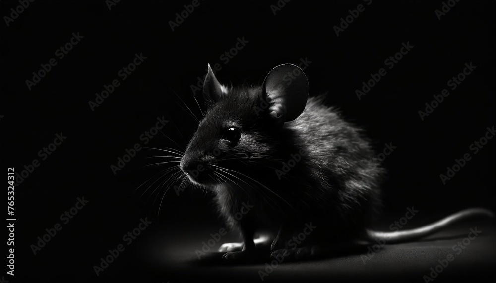 Cute black fluffy mouse. Key lighting on a black background. Photorealistic low key illustration. Generative AI Cute black fluffy mouse. Key lighting on a black background. Photorealistic low key illustration. Generative AI